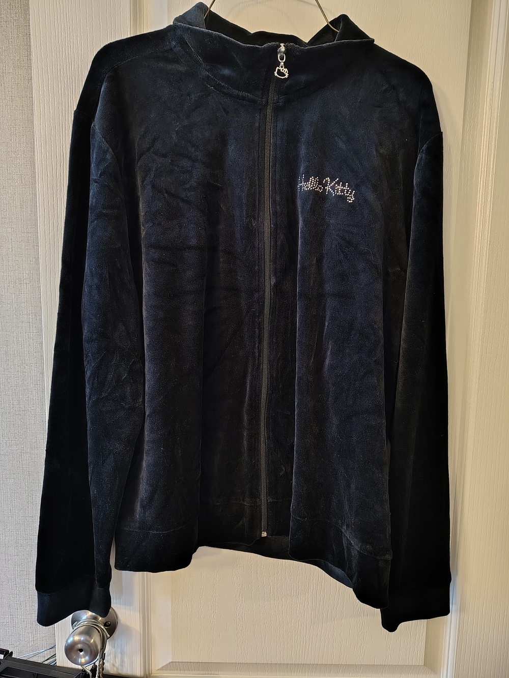 Hello Kitty Black Velour Hooded Zip-Up Jacket with Crystal Script